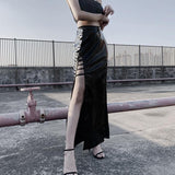Hollow out high slit metallic zip-up maxi skirt