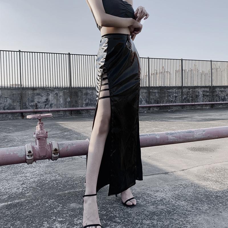 Hollow out high slit metallic zip-up maxi skirt