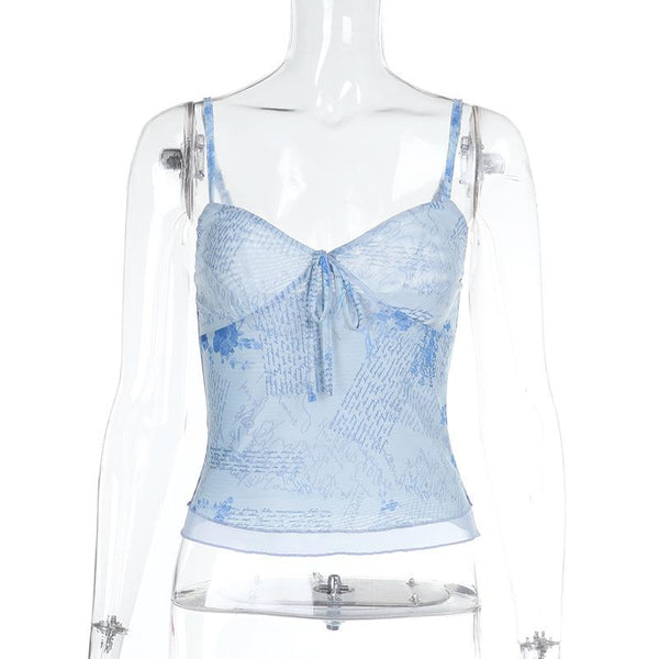 Mesh v neck print backless cami top