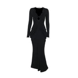 Robe longue froncée à manches longues et col en V avec ourlet en dentelle 