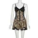 Vestido mini de tirantes finos con cuello en V, estampado de leopardo y dobladillo de encaje 