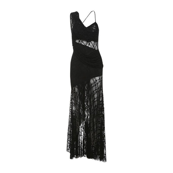 Vestido largo camisola liso con fruncido de encaje irregular 