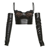 Lace hem gloves PU leather v neck cami top