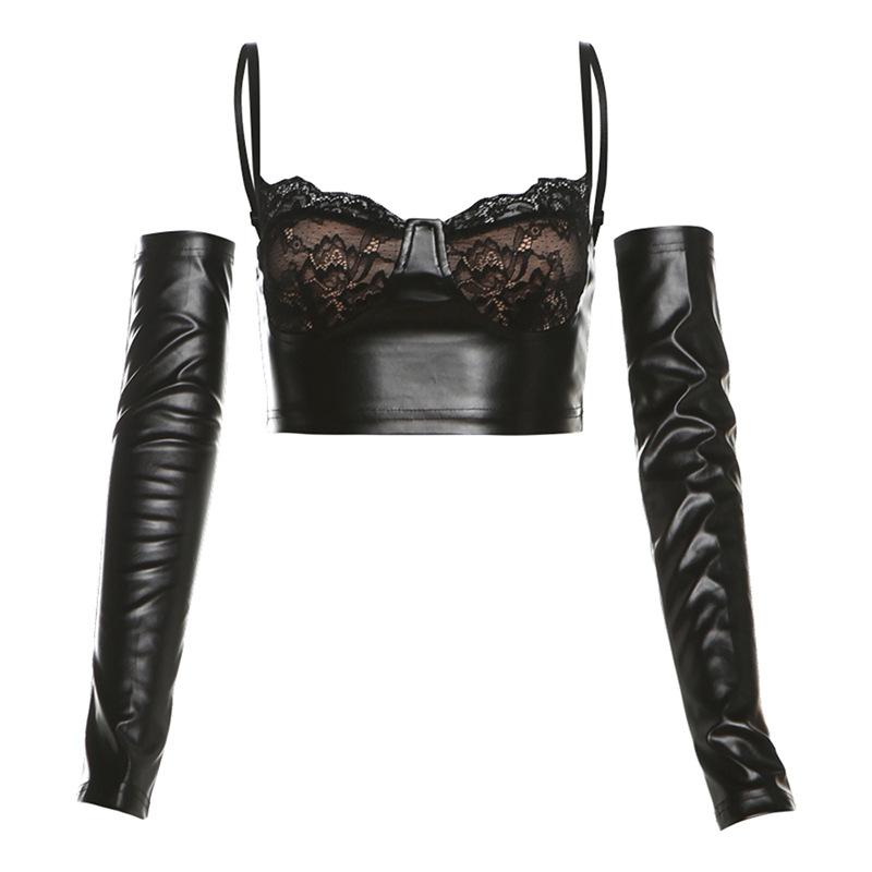 Lace hem gloves PU leather v neck cami top
