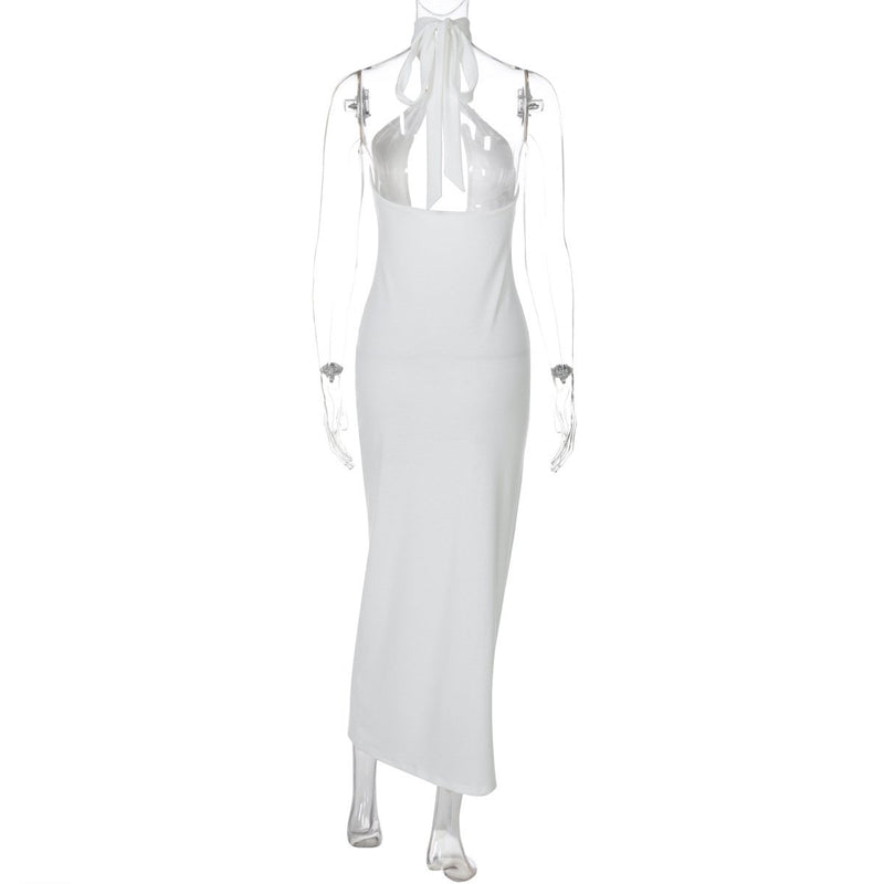 Self tie halter hollow out backless midi dress
