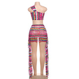 Conjunto de minifalda con estampado de malla irregular de un solo hombro 