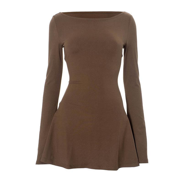 Vestido mini liso de cuello redondo y manga larga 