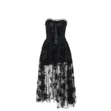 Ruffle smocked button ribbon flower print midi dress