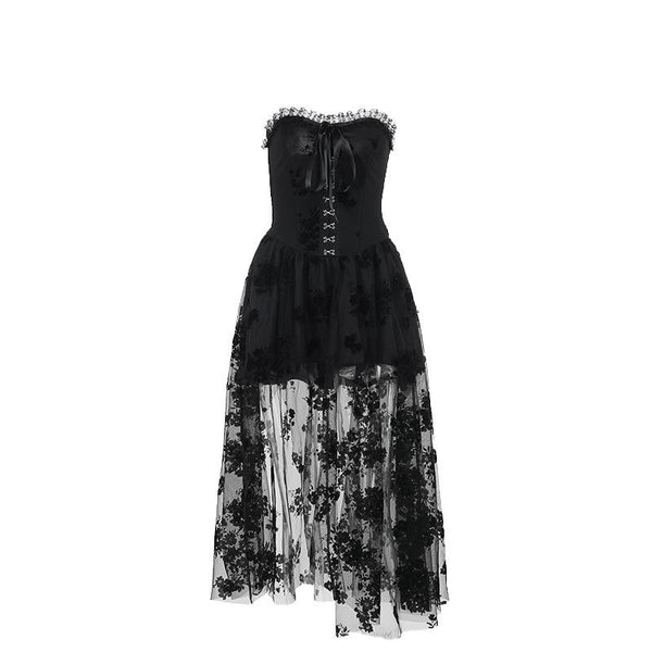 Ruffle smocked button ribbon flower print midi dress