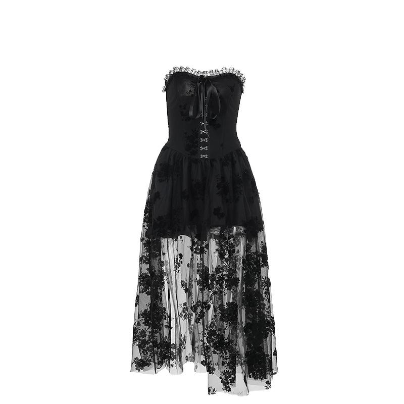 Ruffle smocked button ribbon flower print midi dress