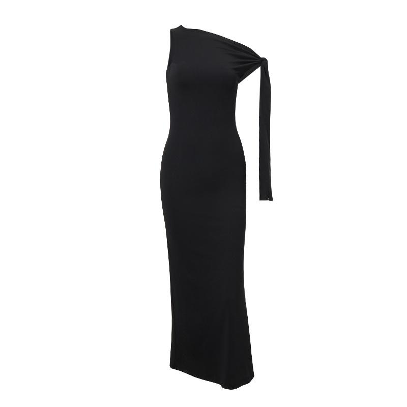 Vestido largo liso con un solo hombro irregular y lazo anudado 