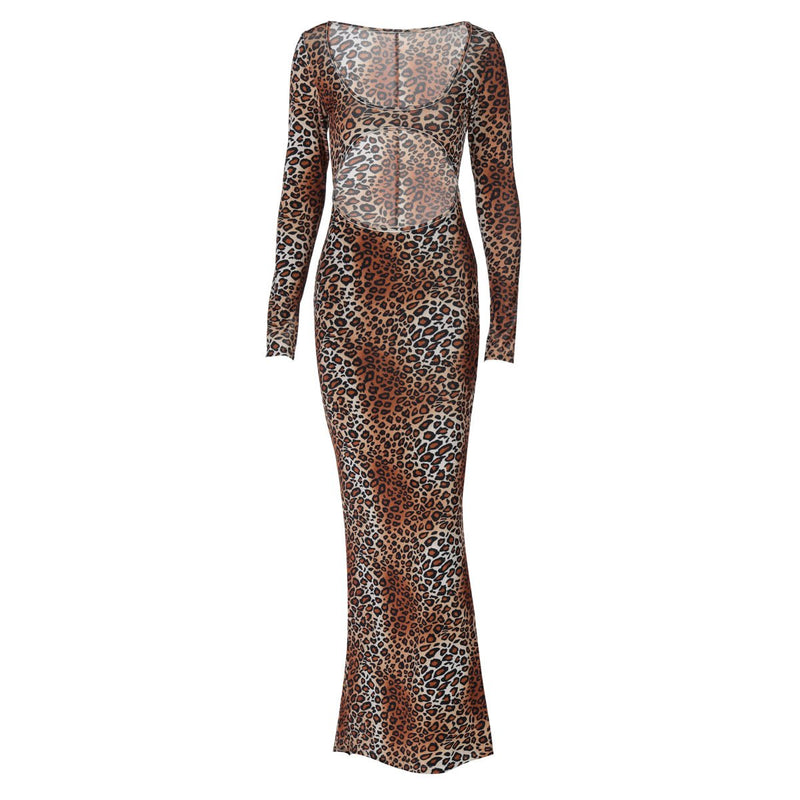 Vestido largo de manga larga con estampado de leopardo y escote en U calado 