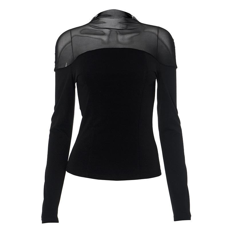 Long sleeve high neck mesh patchwork solid top