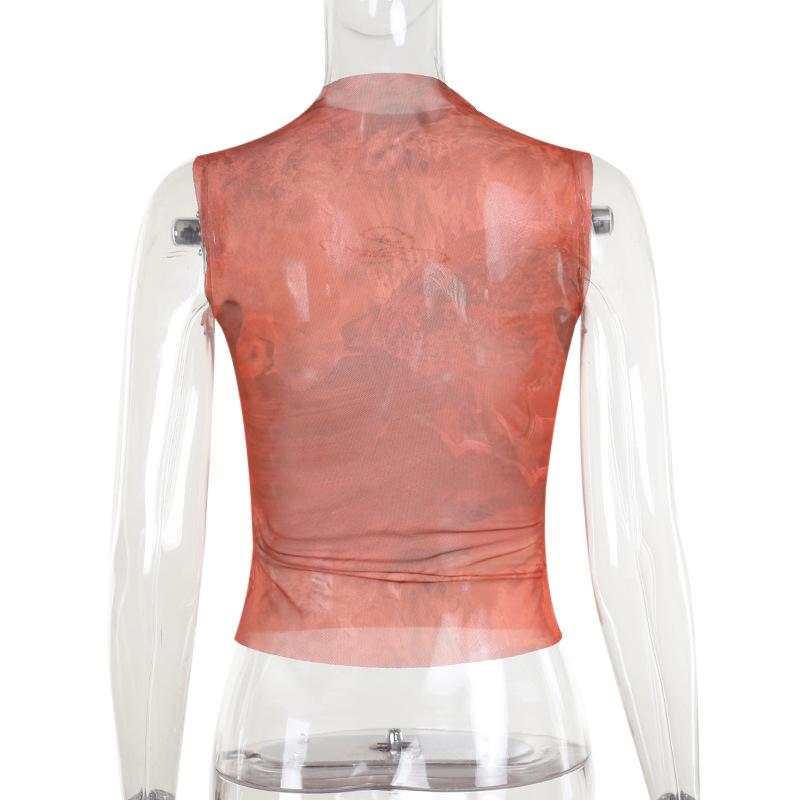 Sheer mesh beaded print crewneck sleeveless top