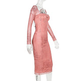 Robe midi imprimée à manches longues et ourlet en dentelle et col carré 