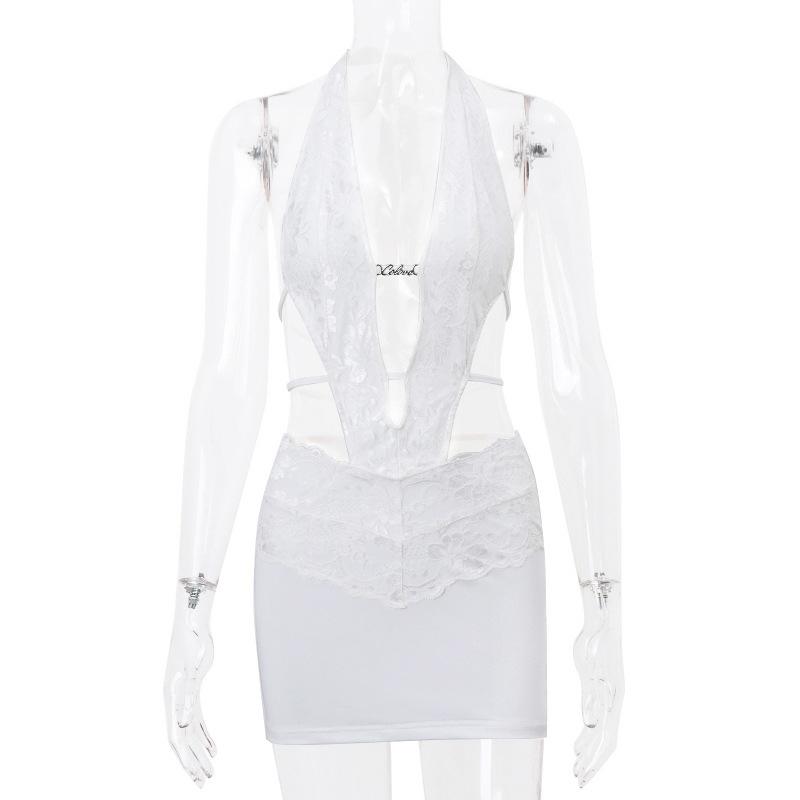 Minivestido halter con dobladillo de encaje anudado y calado 
