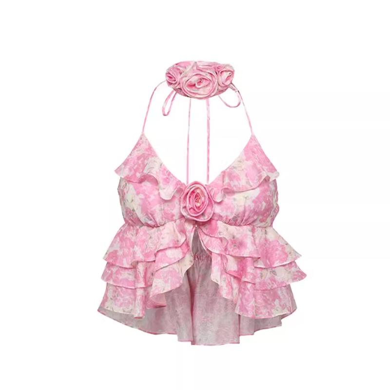 Conjunto de falda larga con volantes y apliques de flores con abertura y estampado halter 