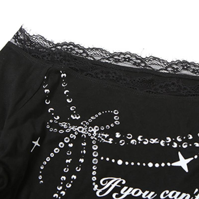 Top con manga larga, hombros descubiertos, estampado de encaje y dobladillo con lazo 