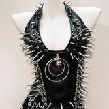 Halter o ring rivet PU leather pleated mini skirt set