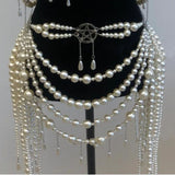 Beaded metal chain hollow out faux pearl top