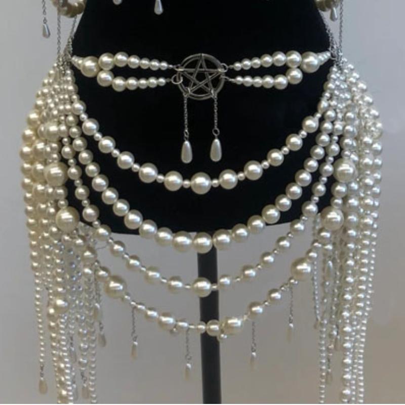 Beaded metal chain hollow out faux pearl top