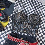 Anneau en O creux en métal chaîne rivet applique dessus en cuir PU 