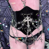 Metal chain cross applique PU leather corset