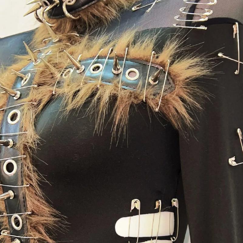 Long sleeve fluffy hollow out rivet applique top