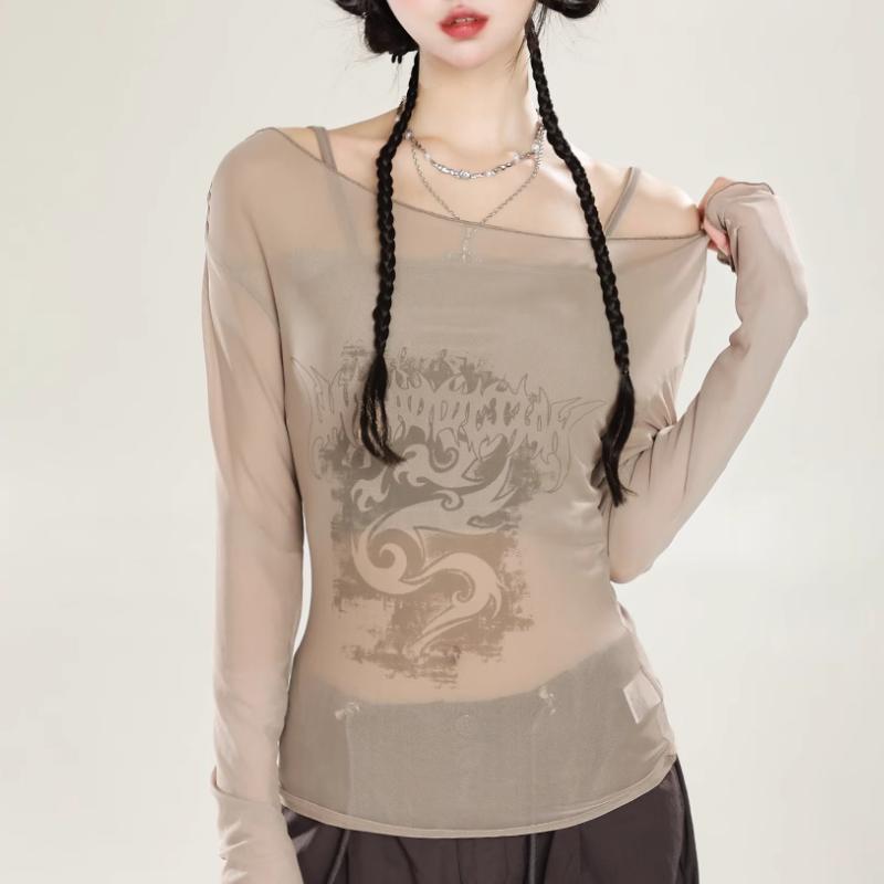 Long sleeve off shoulder mesh abstract 2 piece top