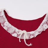 Off shoulder lace hem long flared sleeve ribbed top