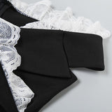Off shoulder lace hem v neck zip-up bodysuit