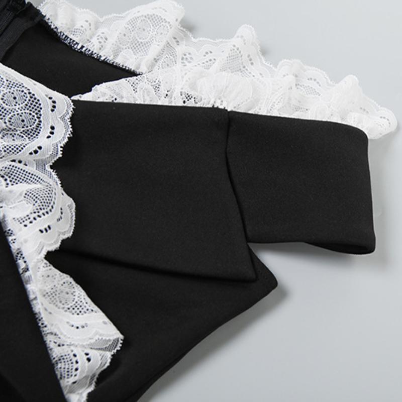 Off shoulder lace hem v neck zip-up bodysuit