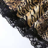 Vestido mini de tirantes finos con cuello en V, estampado de leopardo y dobladillo de encaje 