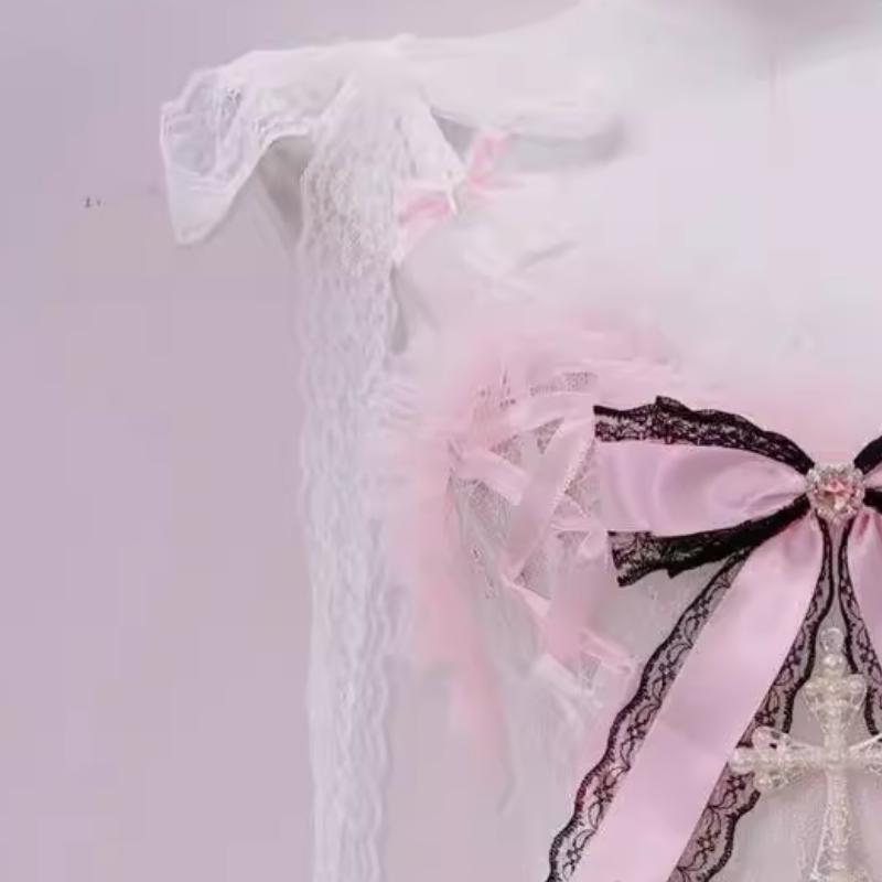Conjunto de minifalda con cuello en V acolchado, dobladillo de encaje con lazo y lazo 