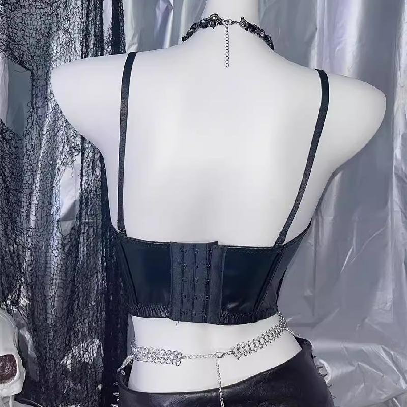 Haut camisole dos nu à col en V et appliqué en cuir PU 