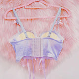 Haut en dentelle avec nœud papillon, col en V, ruban appliqué croisé 
