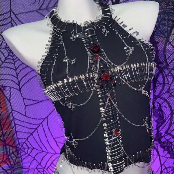 Metal chain pin flower applique crewneck hollow out top