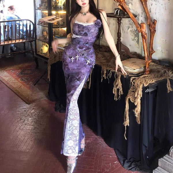 Slit lace hem flower applique print cami maxi dress