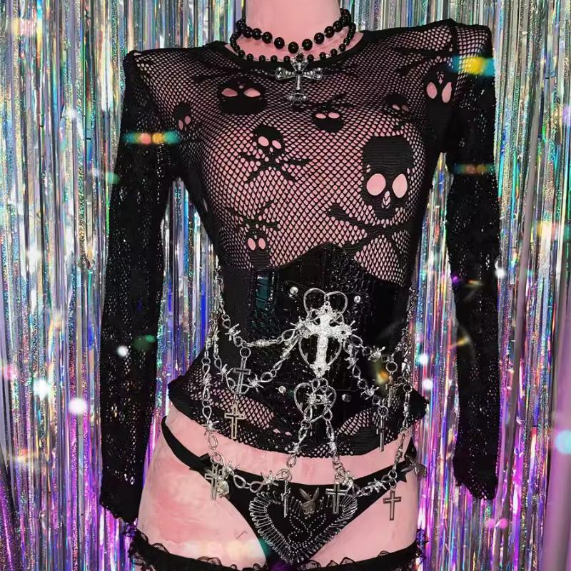 Metal chain cross applique PU leather corset