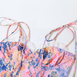 Lace hem zip-up print v neck cami mini dress