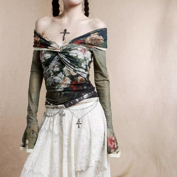 Long flared sleeve off shoulder lace hem flower print top