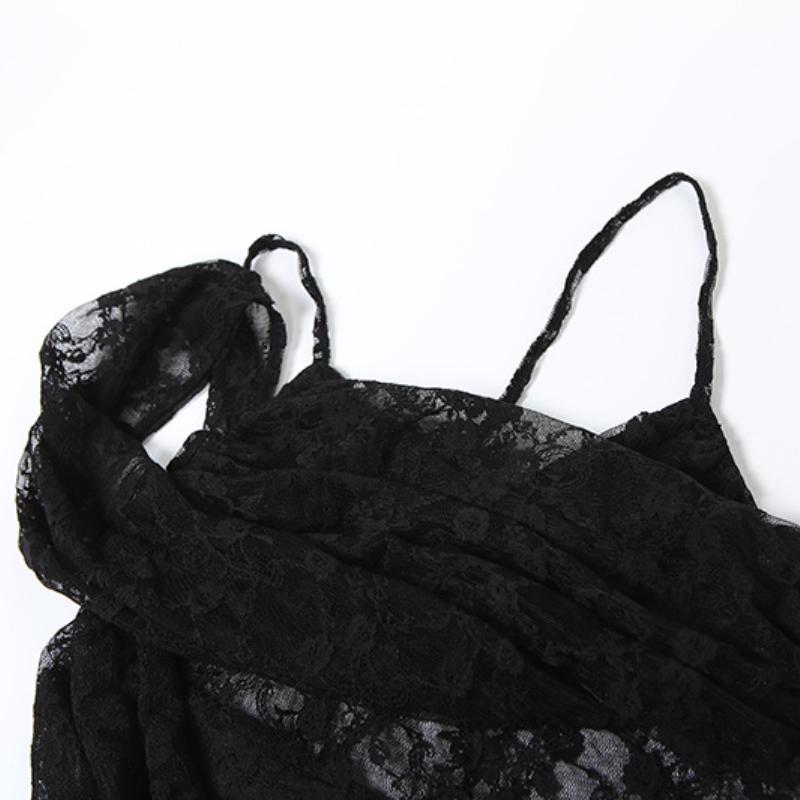 Vestido largo camisola liso con fruncido de encaje irregular 