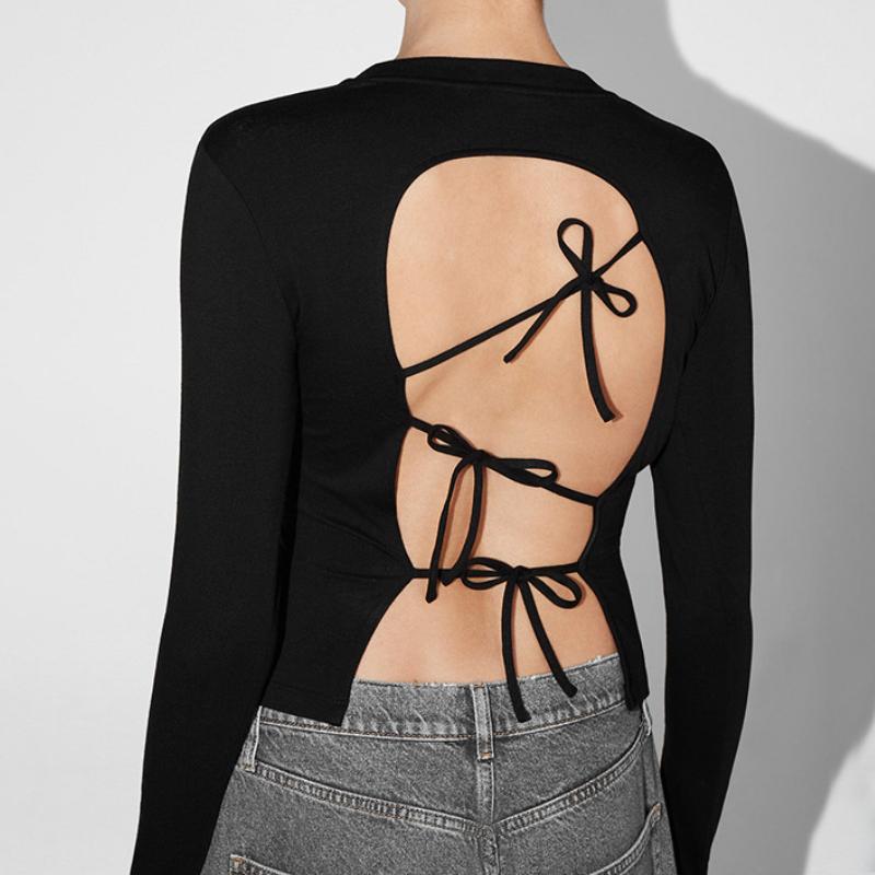Long sleeve crewneck self tie hollow out top