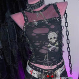 Beaded metal chain skull applique fishnet crewneck top