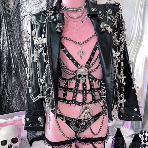 Metal chain o ring skull applique PU leather corset