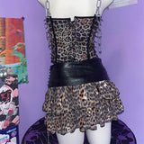 Metal chain lace up chiffon rivet applique mini skirt