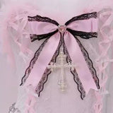 Conjunto de minifalda con cuello en V acolchado, dobladillo de encaje con lazo y lazo 