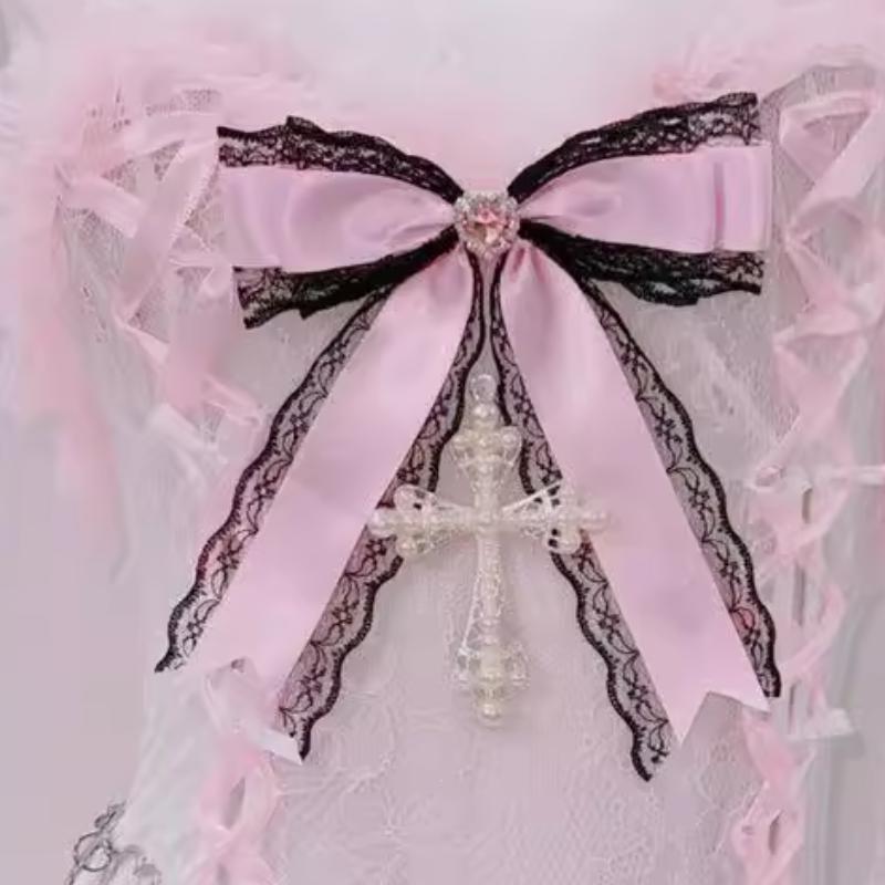 Conjunto de minifalda con cuello en V acolchado, dobladillo de encaje con lazo y lazo 