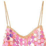 Metal chain glitter v neck hollow out cami top