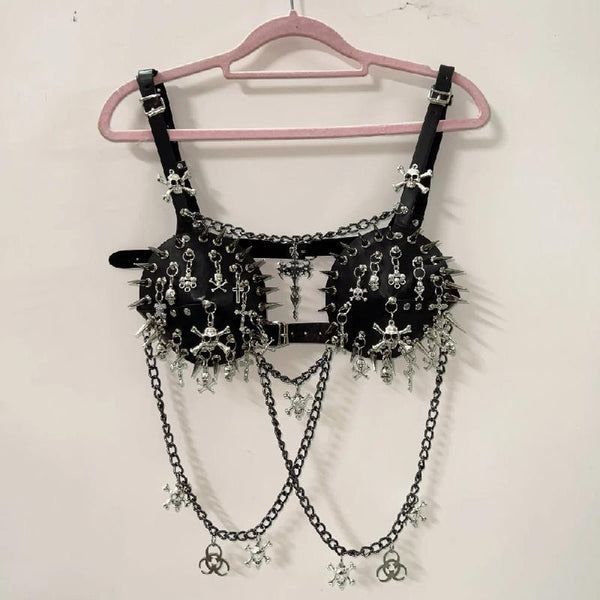Metal chain rivet skull applique buckle cami top